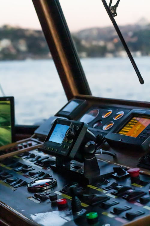 close-up shot of a boat's control panel