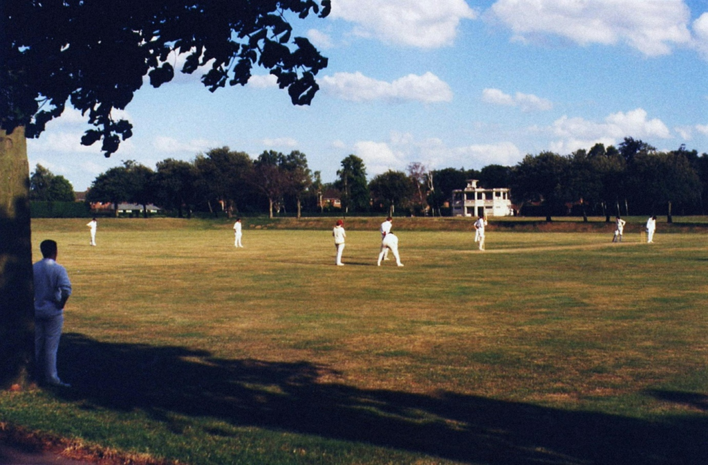 people playing cricket on a green grass field