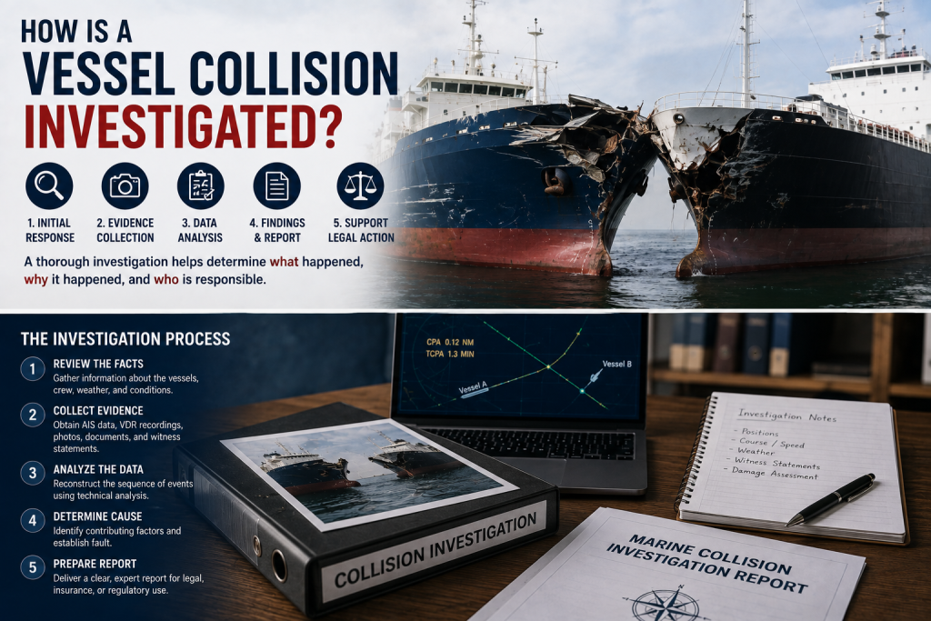 Vessel collision investigation with damaged boats and marine expert