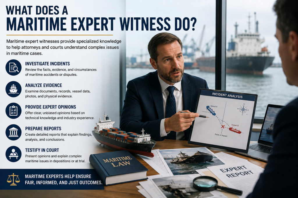 Maritime expert witness reviewing marine evidence and investigation findings